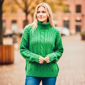 Vintage GAP Green Cable Knit Turtleneck Sweater Medium 100% Cotton Chunky Knit